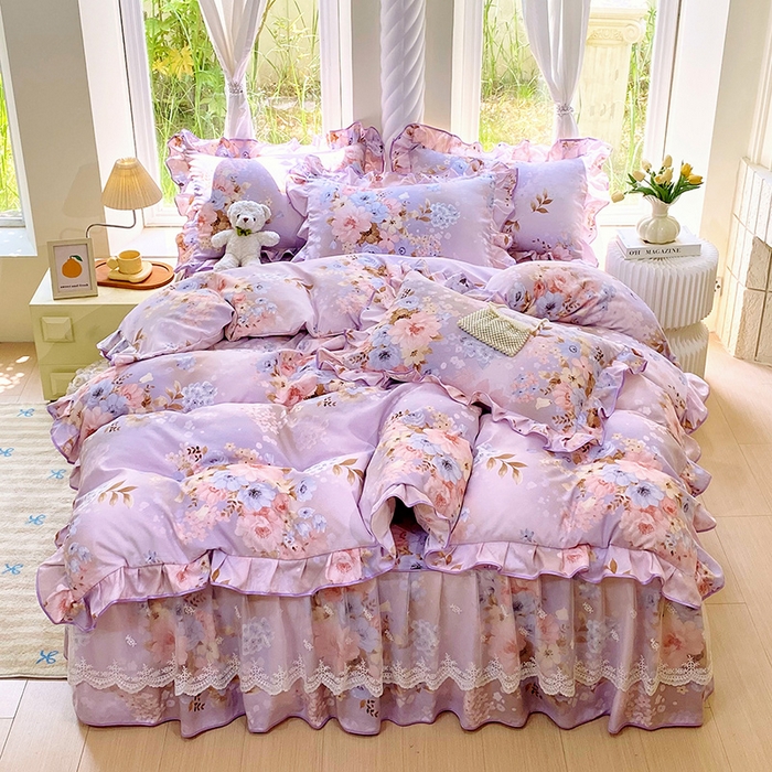 91家纺网 家纺一手货源 找家纺 雨彤家纺 2025新款高克重韩式公主风亲肤斜纹床裙四件套 漫丁蔷薇-公主风