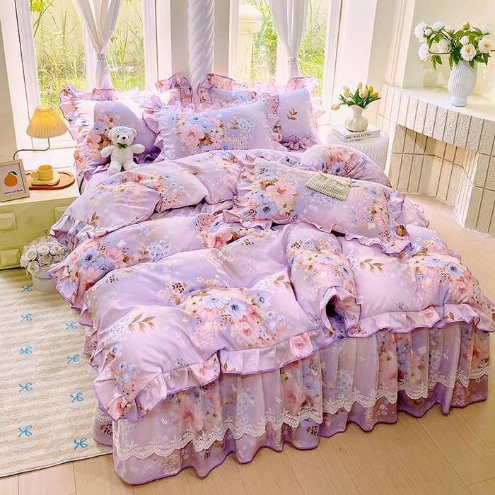 91家纺网 家纺一手货源 找家纺 雨彤家纺 2025新款高克重韩式公主风亲肤斜纹床裙四件套 漫丁蔷薇-公主风