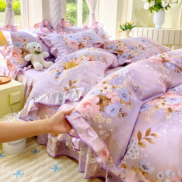 91家纺网 家纺一手货源 找家纺 雨彤家纺 2025新款高克重韩式公主风亲肤斜纹床裙四件套 漫丁蔷薇-公主风