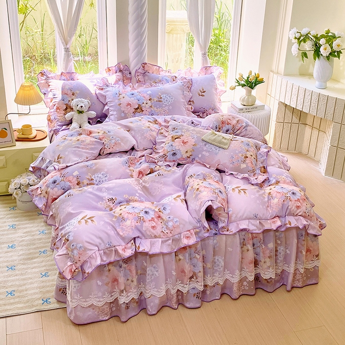 91家纺网 家纺一手货源 找家纺 雨彤家纺 2025新款高克重韩式公主风亲肤斜纹床裙四件套 漫丁蔷薇-公主风