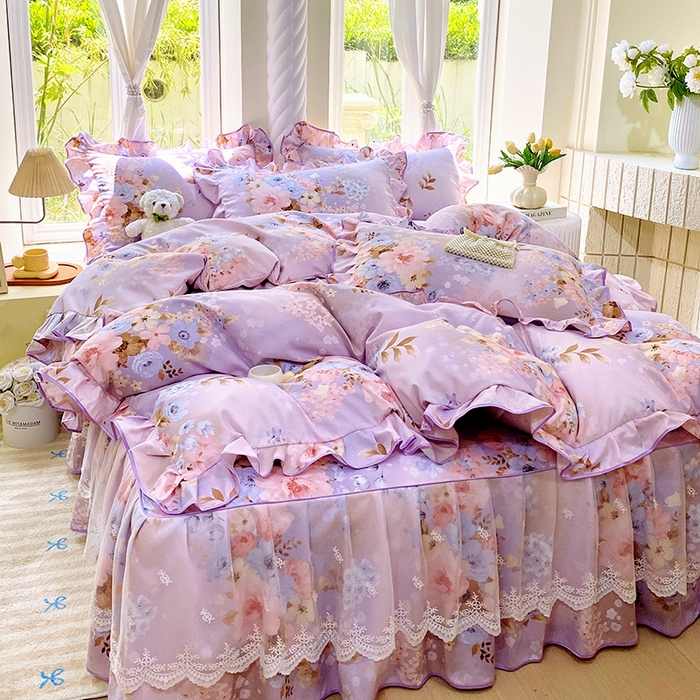 91家纺网 家纺一手货源 找家纺 雨彤家纺 2025新款高克重韩式公主风亲肤斜纹床裙四件套 漫丁蔷薇-公主风