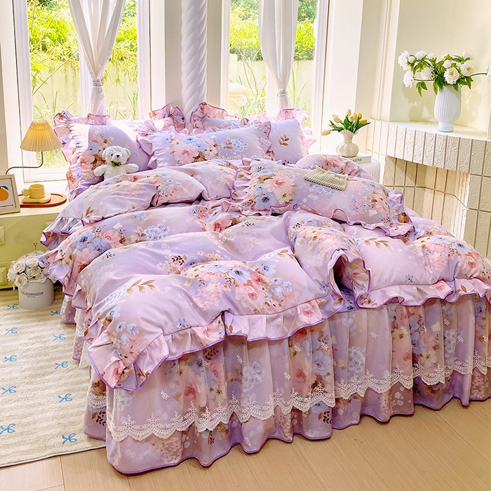 91家纺网 家纺一手货源 找家纺 雨彤家纺 2025新款高克重韩式公主风亲肤斜纹床裙四件套 漫丁蔷薇-公主风