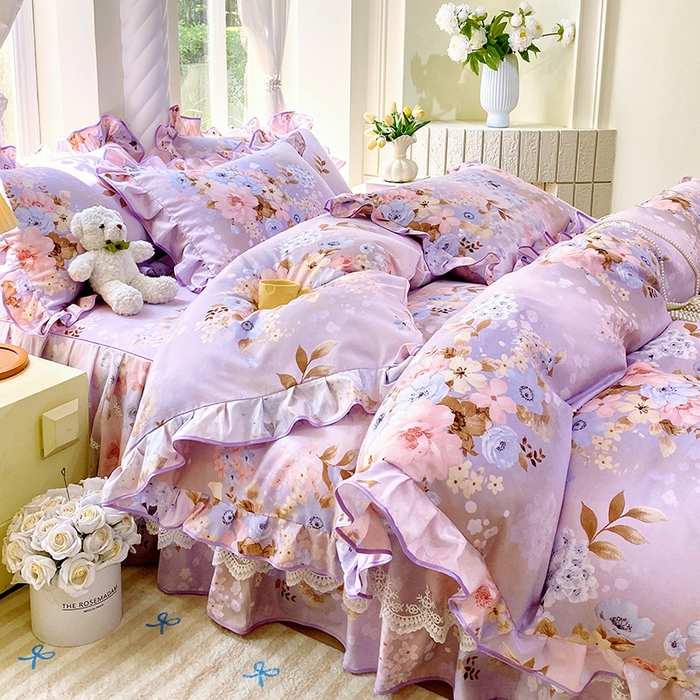 91家纺网 家纺一手货源 找家纺 雨彤家纺 2025新款高克重韩式公主风亲肤斜纹床裙四件套 漫丁蔷薇-公主风