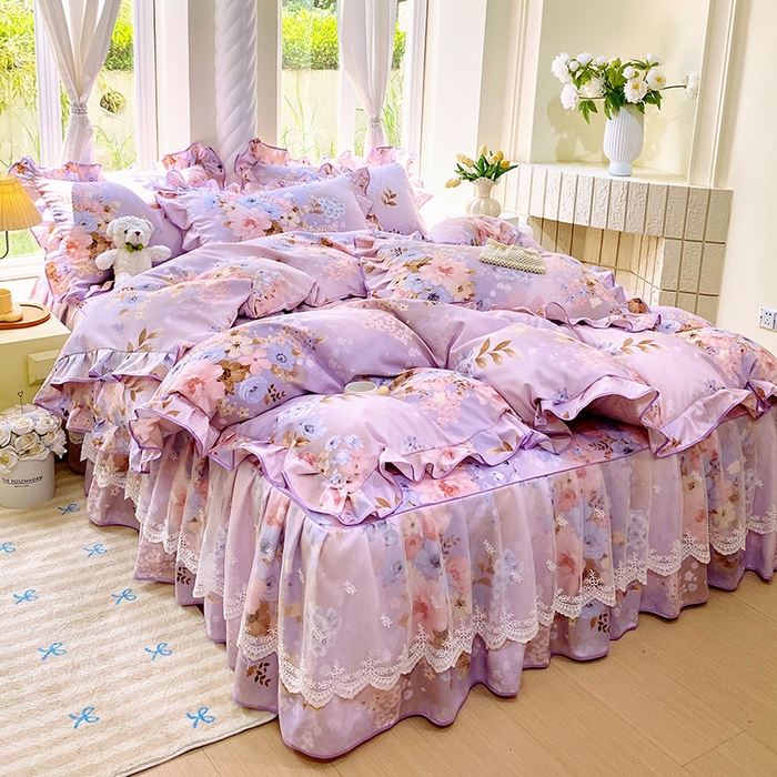 91家纺网 家纺一手货源 找家纺 雨彤家纺 2025新款高克重韩式公主风亲肤斜纹床裙四件套 漫丁蔷薇-公主风