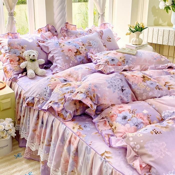 91家纺网 家纺一手货源 找家纺 雨彤家纺 2025新款高克重韩式公主风亲肤斜纹床裙四件套 漫丁蔷薇-公主风