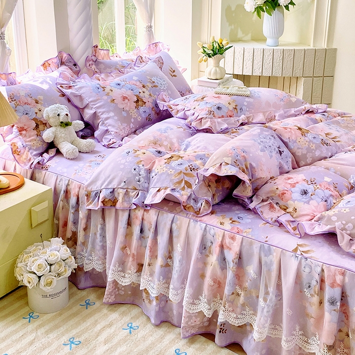 91家纺网 家纺一手货源 找家纺 雨彤家纺 2025新款高克重韩式公主风亲肤斜纹床裙四件套 漫丁蔷薇-公主风