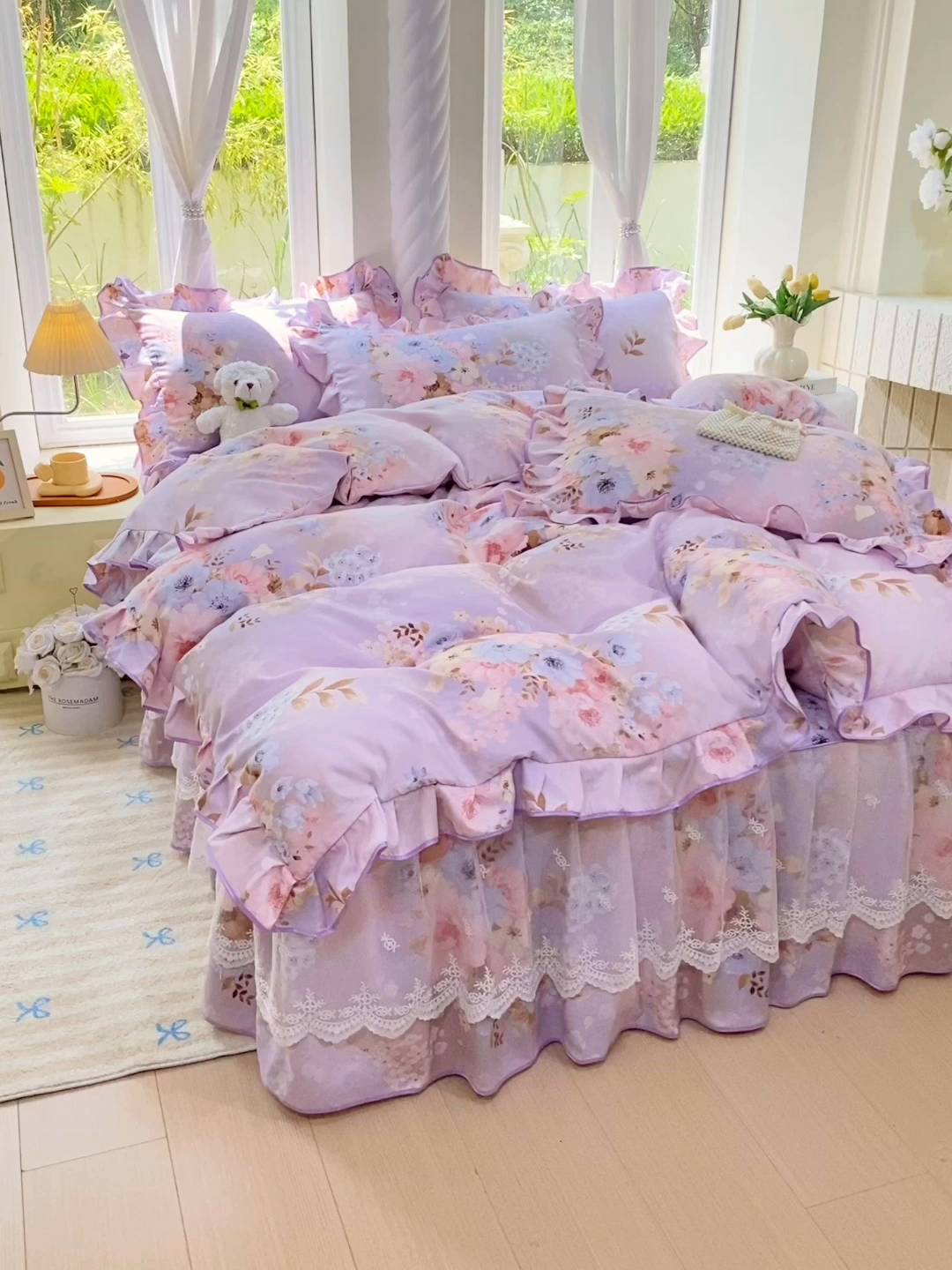 91家纺网 家纺一手货源 找家纺 雨彤家纺 2025新款高克重韩式公主风亲肤斜纹床裙四件套 漫丁蔷薇-公主风