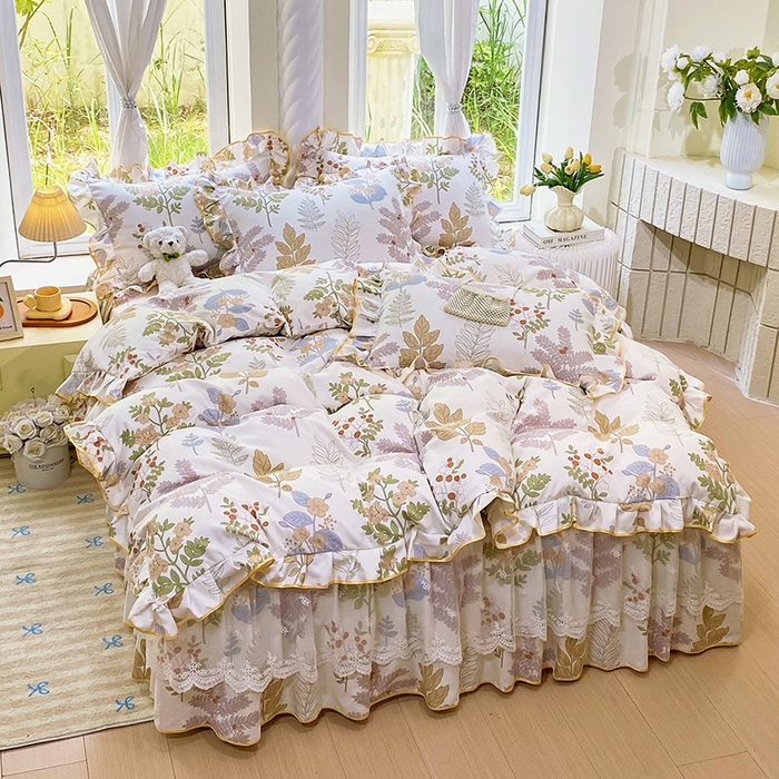 91家纺网 家纺一手货源 找家纺 雨彤家纺 2025新款高克重韩式公主风亲肤斜纹床裙四件套 沐叶拾影-公主风