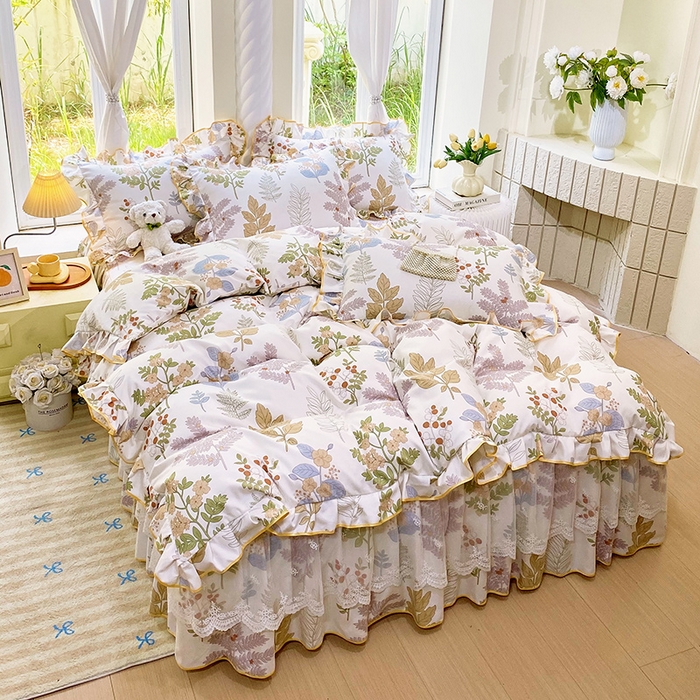 91家纺网 家纺一手货源 找家纺 雨彤家纺 2025新款高克重韩式公主风亲肤斜纹床裙四件套 沐叶拾影-公主风