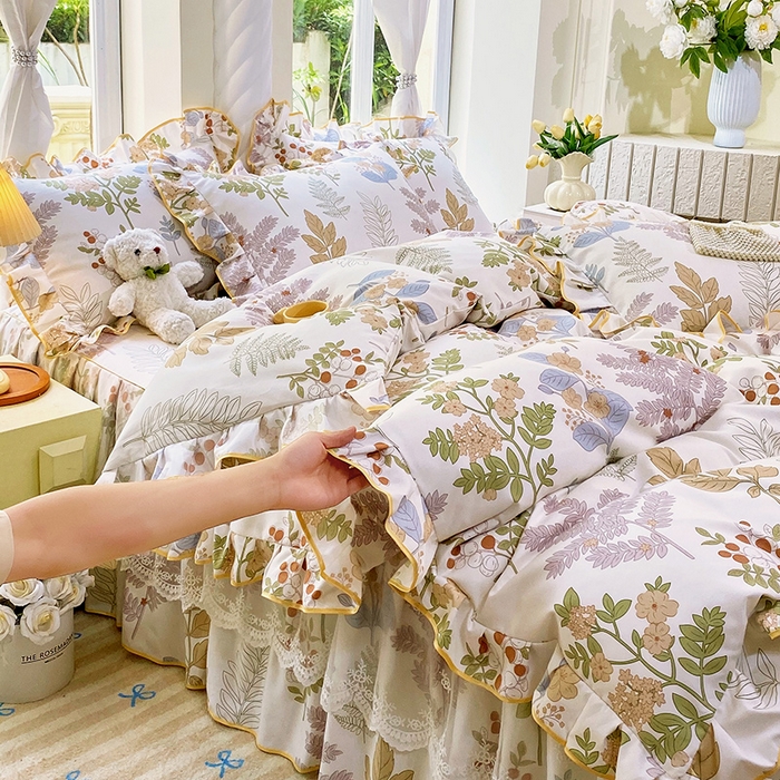 91家纺网 家纺一手货源 找家纺 雨彤家纺 2025新款高克重韩式公主风亲肤斜纹床裙四件套 沐叶拾影-公主风