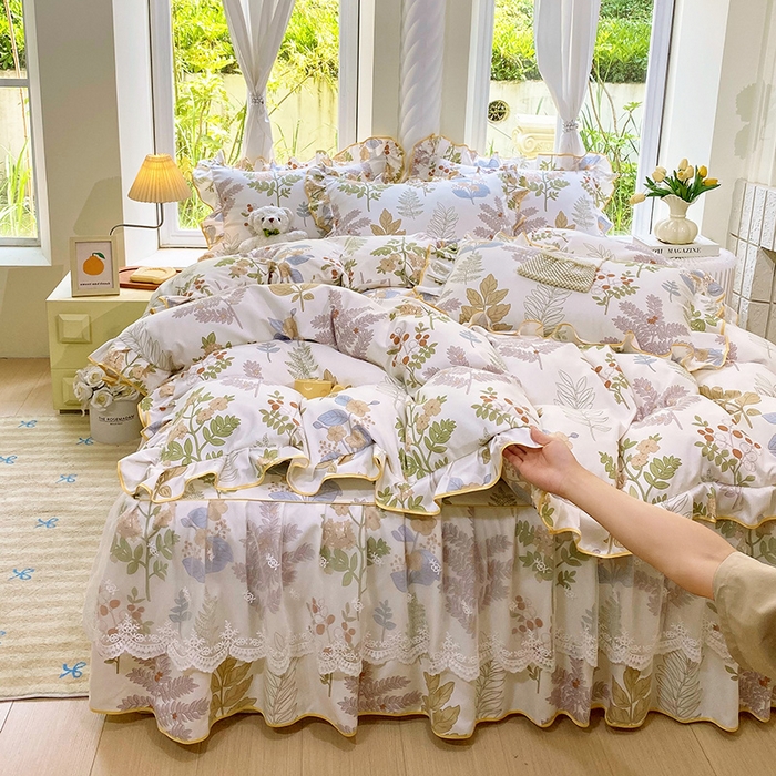 91家纺网 家纺一手货源 找家纺 雨彤家纺 2025新款高克重韩式公主风亲肤斜纹床裙四件套 沐叶拾影-公主风