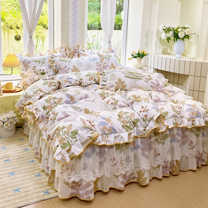 91家纺网 家纺一手货源 找家纺 雨彤家纺 2025新款高克重韩式公主风亲肤斜纹床裙四件套 沐叶拾影-公主风