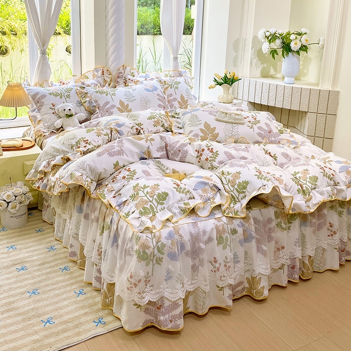 91家纺网 家纺一手货源 找家纺 雨彤家纺 2025新款高克重韩式公主风亲肤斜纹床裙四件套 沐叶拾影-公主风