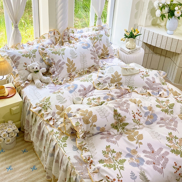 91家纺网 家纺一手货源 找家纺 雨彤家纺 2025新款高克重韩式公主风亲肤斜纹床裙四件套 沐叶拾影-公主风