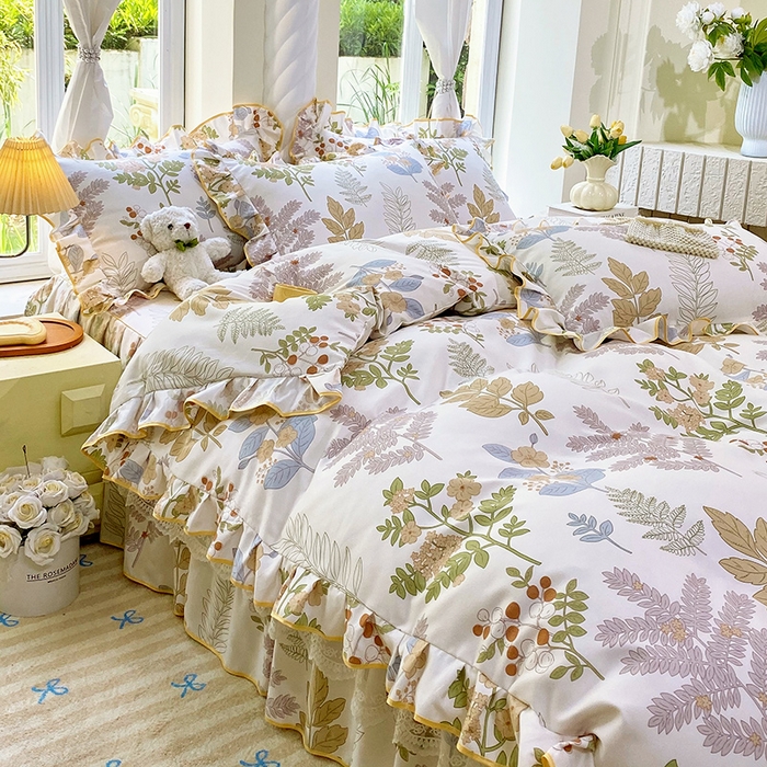 91家纺网 家纺一手货源 找家纺 雨彤家纺 2025新款高克重韩式公主风亲肤斜纹床裙四件套 沐叶拾影-公主风