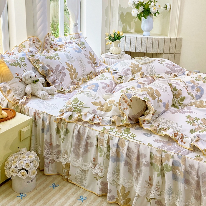 91家纺网 家纺一手货源 找家纺 雨彤家纺 2025新款高克重韩式公主风亲肤斜纹床裙四件套 沐叶拾影-公主风