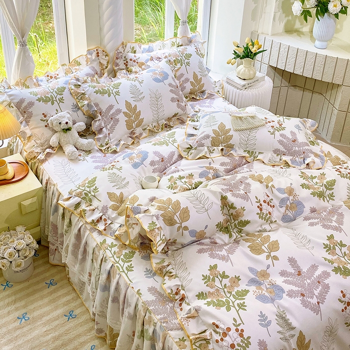 91家纺网 家纺一手货源 找家纺 雨彤家纺 2025新款高克重韩式公主风亲肤斜纹床裙四件套 沐叶拾影-公主风