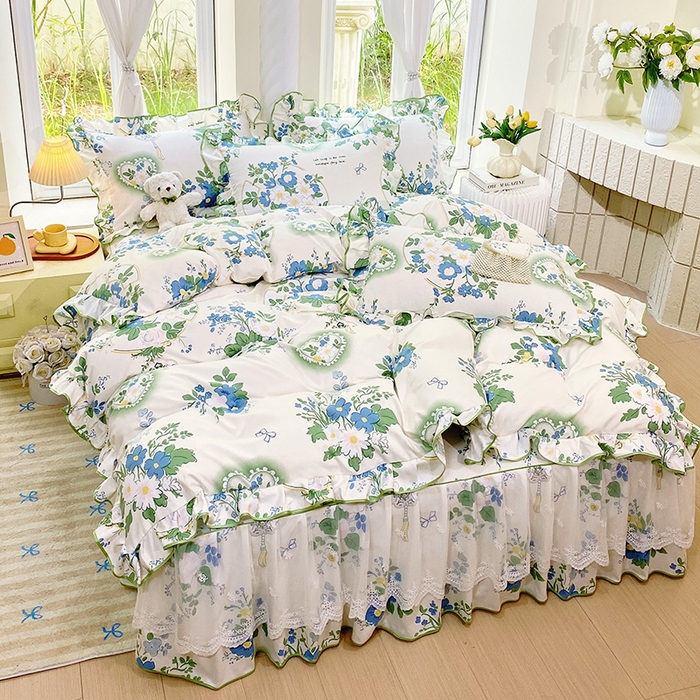 91家纺网 家纺一手货源 找家纺 雨彤家纺 2025新款高克重韩式公主风亲肤斜纹床裙四件套 灵若花谷-公主风