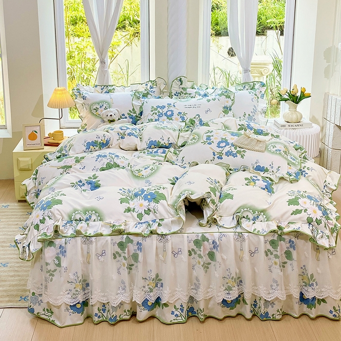 91家纺网 家纺一手货源 找家纺 雨彤家纺 2025新款高克重韩式公主风亲肤斜纹床裙四件套 灵若花谷-公主风