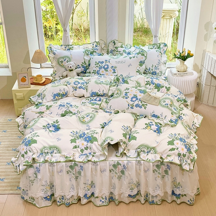 91家纺网 家纺一手货源 找家纺 雨彤家纺 2025新款高克重韩式公主风亲肤斜纹床裙四件套 灵若花谷-公主风