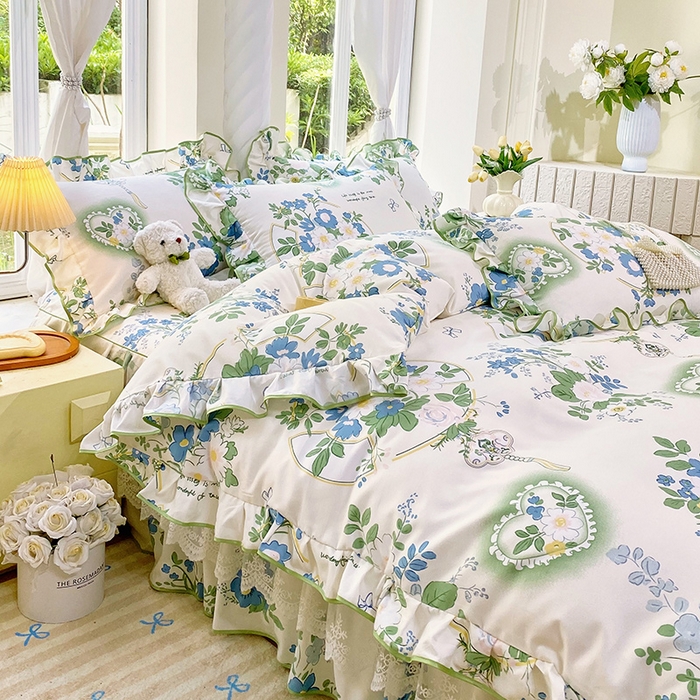 91家纺网 家纺一手货源 找家纺 雨彤家纺 2025新款高克重韩式公主风亲肤斜纹床裙四件套 灵若花谷-公主风