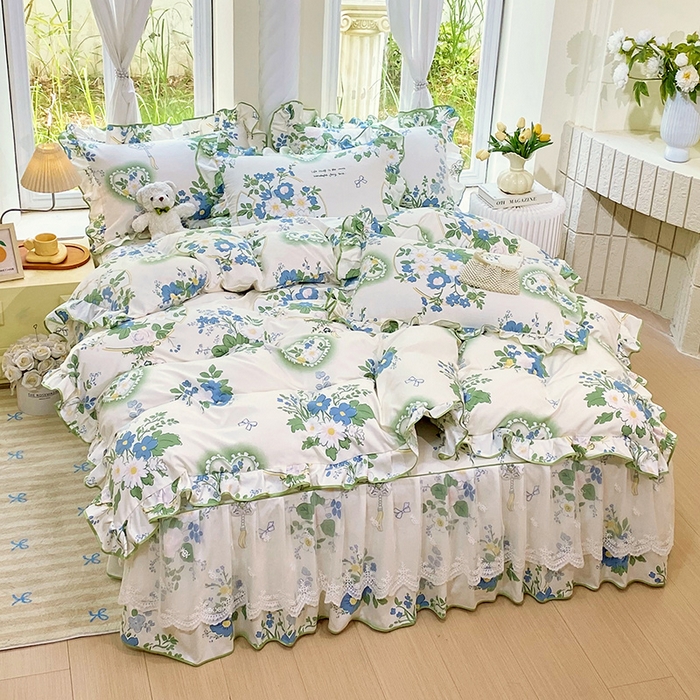 91家纺网 家纺一手货源 找家纺 雨彤家纺 2025新款高克重韩式公主风亲肤斜纹床裙四件套 灵若花谷-公主风