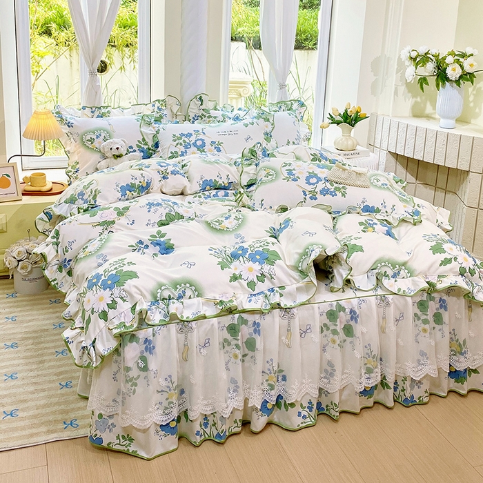 91家纺网 家纺一手货源 找家纺 雨彤家纺 2025新款高克重韩式公主风亲肤斜纹床裙四件套 灵若花谷-公主风