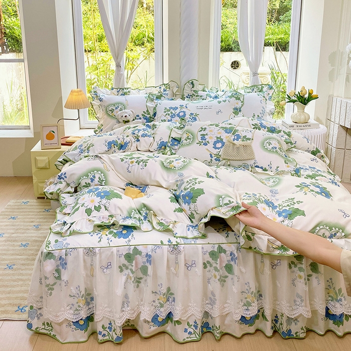 91家纺网 家纺一手货源 找家纺 雨彤家纺 2025新款高克重韩式公主风亲肤斜纹床裙四件套 灵若花谷-公主风