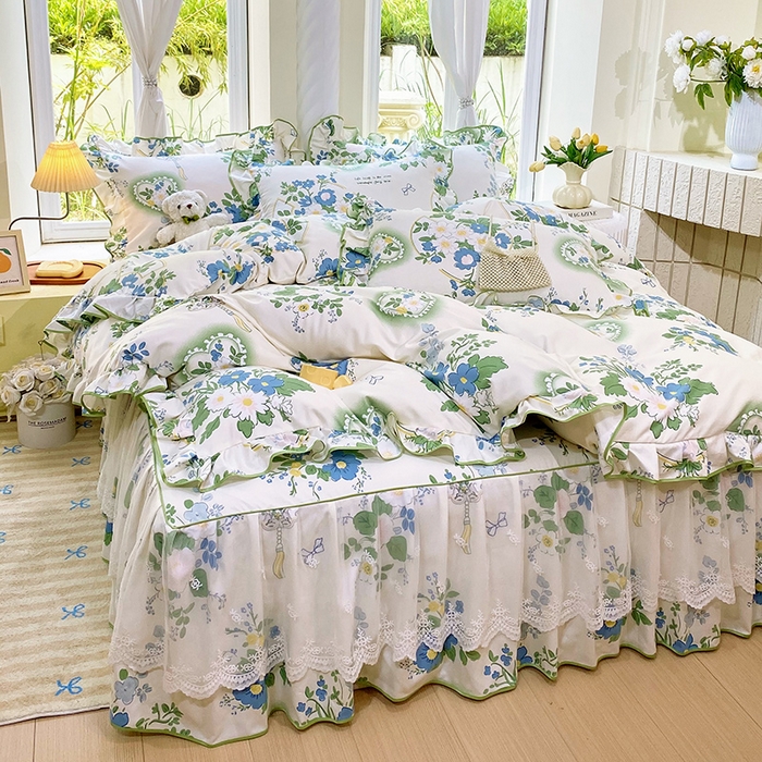 91家纺网 家纺一手货源 找家纺 雨彤家纺 2025新款高克重韩式公主风亲肤斜纹床裙四件套 灵若花谷-公主风