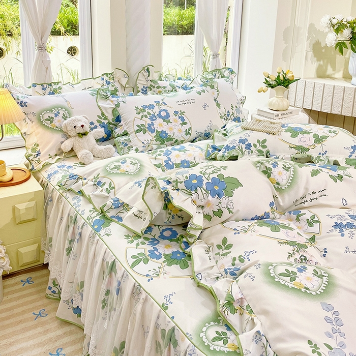 91家纺网 家纺一手货源 找家纺 雨彤家纺 2025新款高克重韩式公主风亲肤斜纹床裙四件套 灵若花谷-公主风