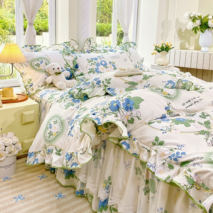 91家纺网 家纺一手货源 找家纺 雨彤家纺 2025新款高克重韩式公主风亲肤斜纹床裙四件套 灵若花谷-公主风