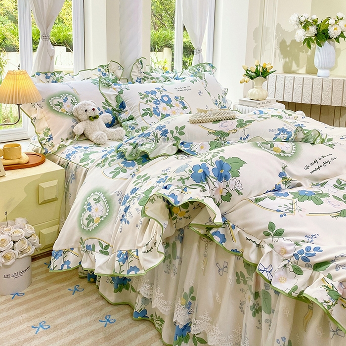 91家纺网 家纺一手货源 找家纺 雨彤家纺 2025新款高克重韩式公主风亲肤斜纹床裙四件套 灵若花谷-公主风