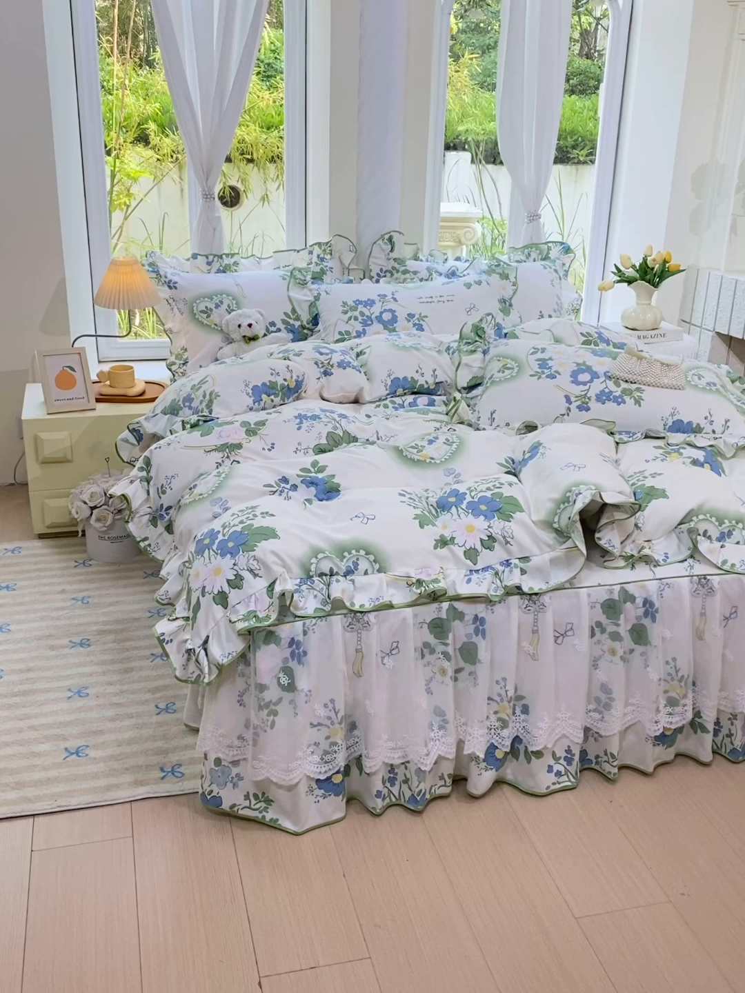 91家纺网 家纺一手货源 找家纺 雨彤家纺 2025新款高克重韩式公主风亲肤斜纹床裙四件套 灵若花谷-公主风