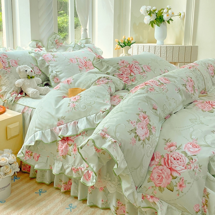 雨彤家纺 2025新款高克重韩式公主风亲肤斜纹床裙四件套 莱茵花畔-公主风