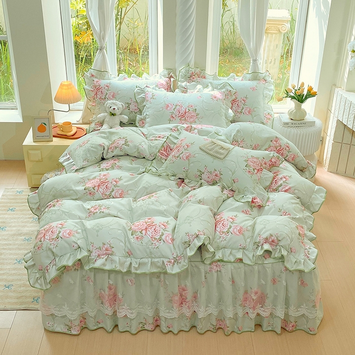 91家纺网 家纺一手货源 找家纺 雨彤家纺 2025新款高克重韩式公主风亲肤斜纹床裙四件套 莱茵花畔-公主风