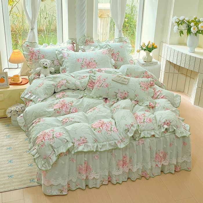 91家纺网 家纺一手货源 找家纺 雨彤家纺 2025新款高克重韩式公主风亲肤斜纹床裙四件套 莱茵花畔-公主风