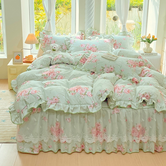 91家纺网 家纺一手货源 找家纺 雨彤家纺 2025新款高克重韩式公主风亲肤斜纹床裙四件套 莱茵花畔-公主风