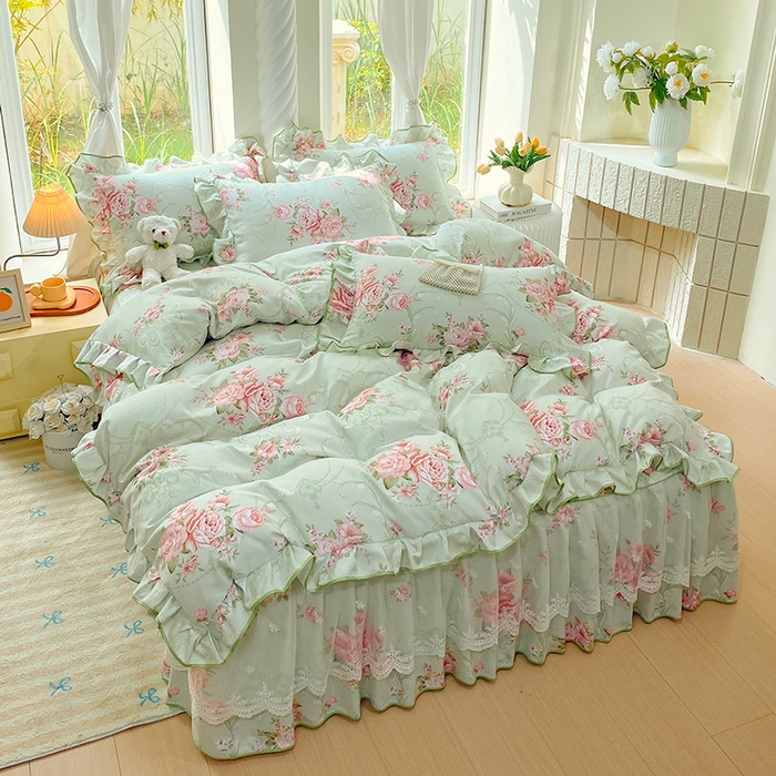 91家纺网 家纺一手货源 找家纺 雨彤家纺 2025新款高克重韩式公主风亲肤斜纹床裙四件套 莱茵花畔-公主风