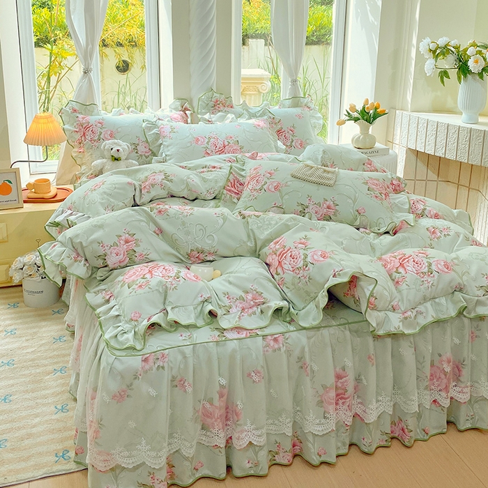 91家纺网 家纺一手货源 找家纺 雨彤家纺 2025新款高克重韩式公主风亲肤斜纹床裙四件套 莱茵花畔-公主风