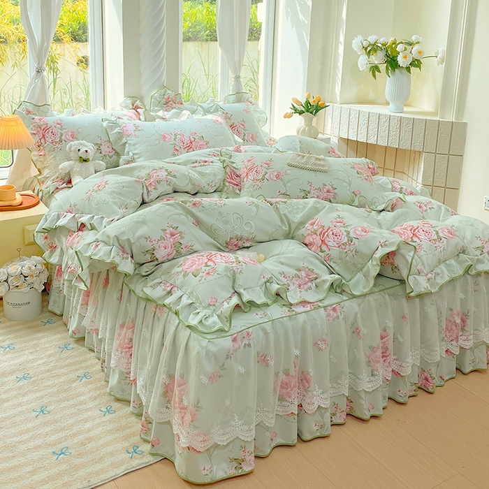 91家纺网 家纺一手货源 找家纺 雨彤家纺 2025新款高克重韩式公主风亲肤斜纹床裙四件套 莱茵花畔-公主风