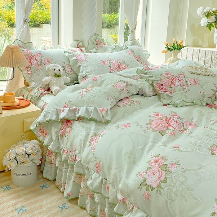 91家纺网 家纺一手货源 找家纺 雨彤家纺 2025新款高克重韩式公主风亲肤斜纹床裙四件套 莱茵花畔-公主风