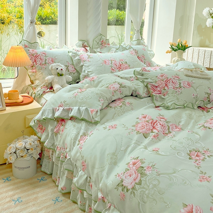 91家纺网 家纺一手货源 找家纺 雨彤家纺 2025新款高克重韩式公主风亲肤斜纹床裙四件套 莱茵花畔-公主风