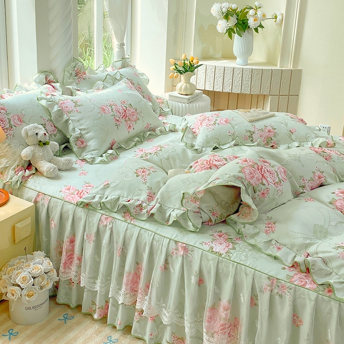 91家纺网 家纺一手货源 找家纺 雨彤家纺 2025新款高克重韩式公主风亲肤斜纹床裙四件套 莱茵花畔-公主风