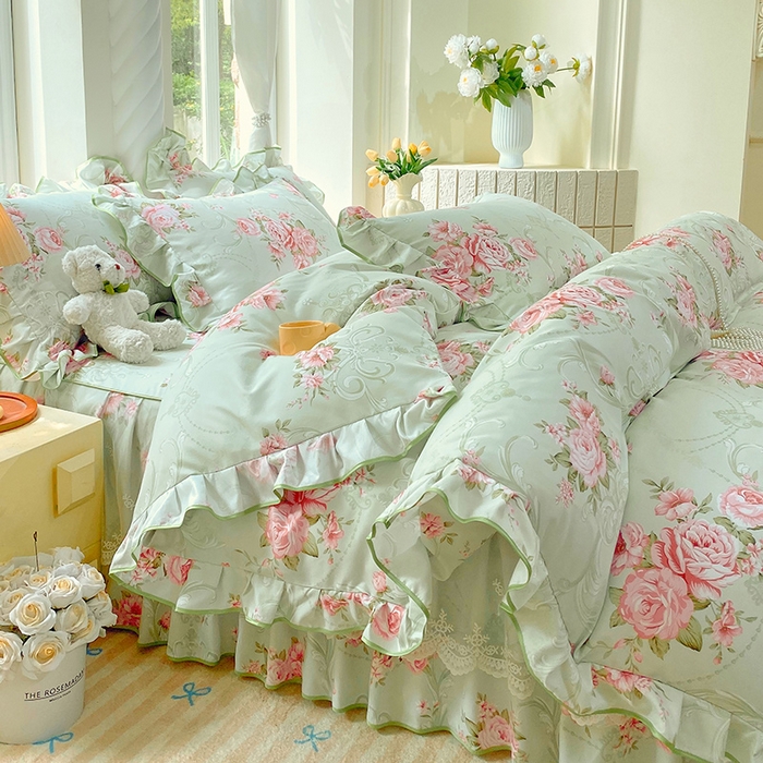 91家纺网 家纺一手货源 找家纺 雨彤家纺 2025新款高克重韩式公主风亲肤斜纹床裙四件套 莱茵花畔-公主风