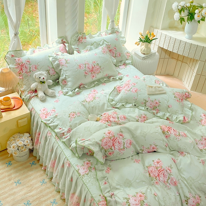 91家纺网 家纺一手货源 找家纺 雨彤家纺 2025新款高克重韩式公主风亲肤斜纹床裙四件套 莱茵花畔-公主风