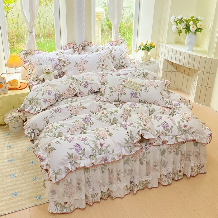 91家纺网 家纺一手货源 找家纺 雨彤家纺 2025新款高克重韩式公主风亲肤斜纹床裙四件套 望夏花艺-公主风