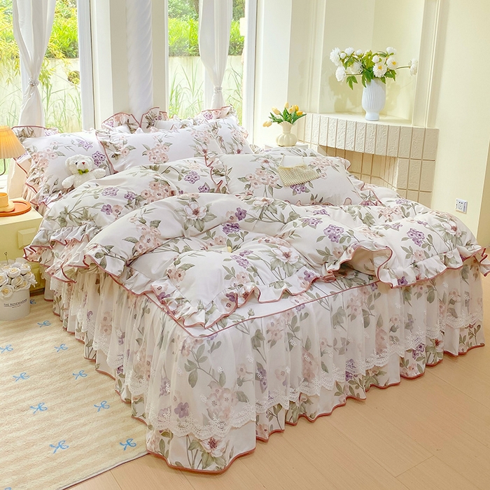 91家纺网 家纺一手货源 找家纺 雨彤家纺 2025新款高克重韩式公主风亲肤斜纹床裙四件套 望夏花艺-公主风