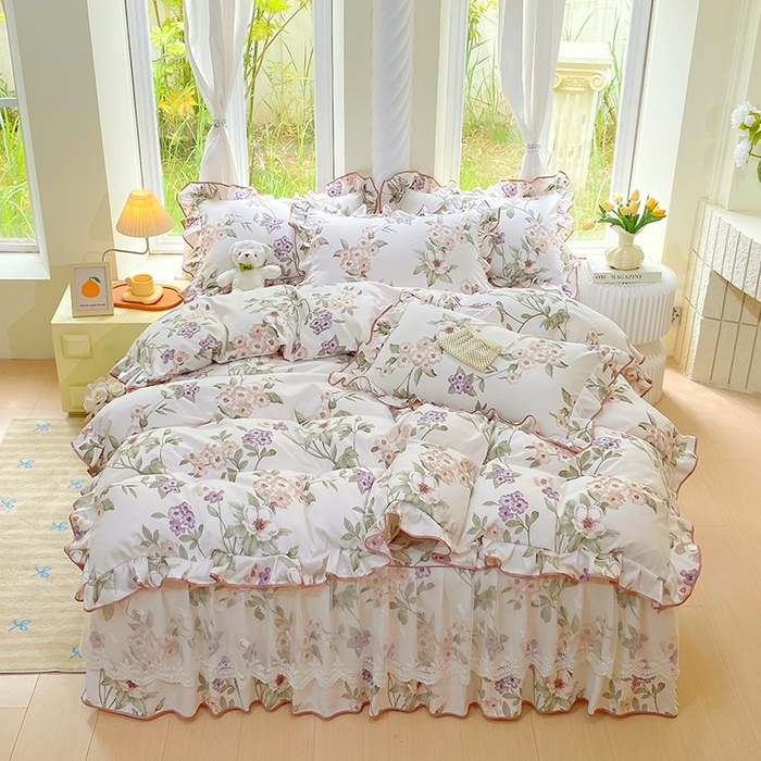 91家纺网 家纺一手货源 找家纺 雨彤家纺 2025新款高克重韩式公主风亲肤斜纹床裙四件套 望夏花艺-公主风