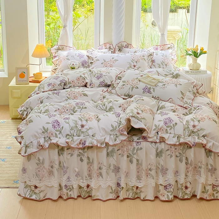 91家纺网 家纺一手货源 找家纺 雨彤家纺 2025新款高克重韩式公主风亲肤斜纹床裙四件套 望夏花艺-公主风