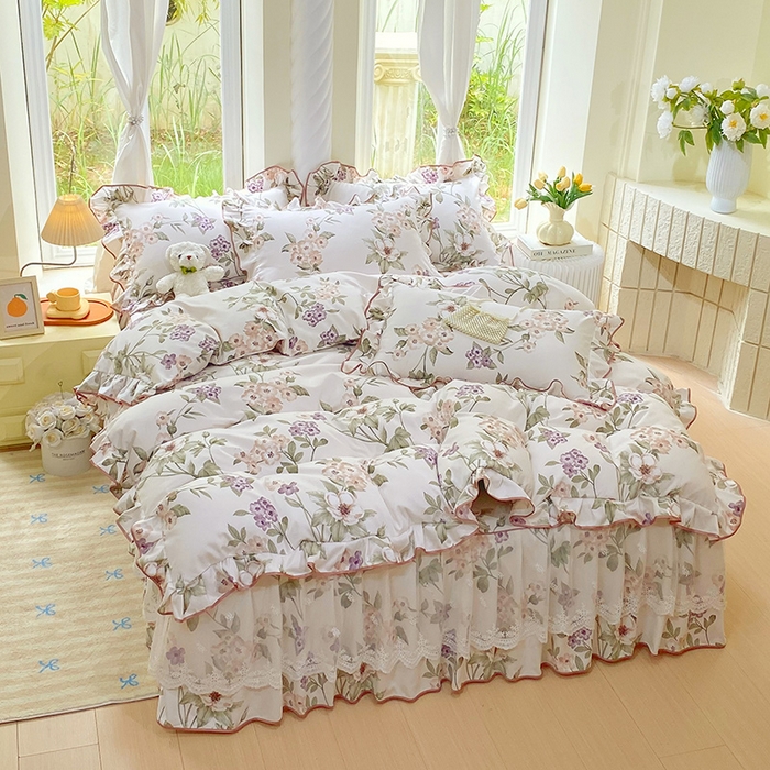 91家纺网 家纺一手货源 找家纺 雨彤家纺 2025新款高克重韩式公主风亲肤斜纹床裙四件套 望夏花艺-公主风